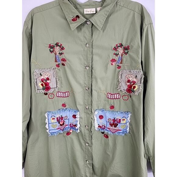 Apple Picking Fall Harvest Shirt 18W-20W Green Embroidered Sequin Button Front - Picture 2 of 12